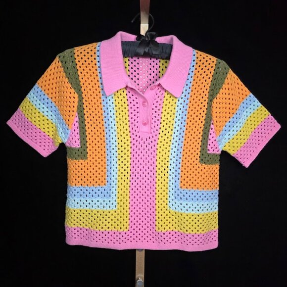 NWOT MANGO Babylon Colorblock Open Stitch Cotton Polo Sweater M - Picture 1 of 11